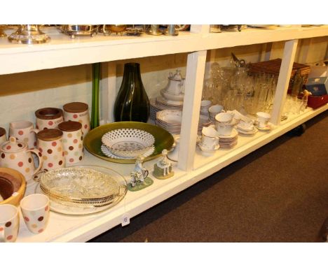 Picnic hamper, dinner and teaware, glassware, storage jars, mirror, etc
