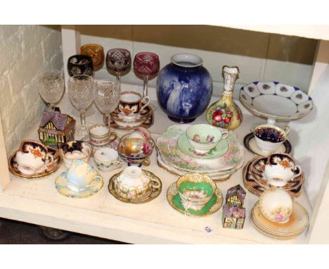 Cabinet cups and saucers, glasses, Doulton blue and white vase, etc