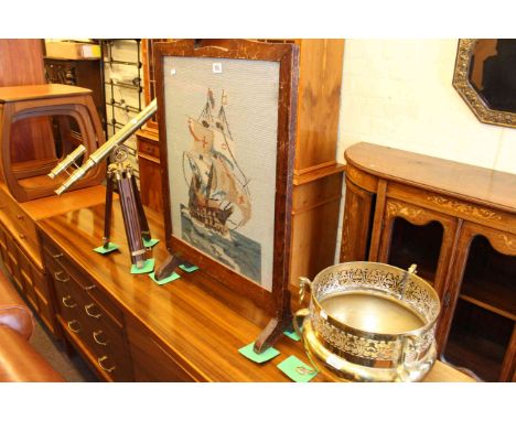 Pierced brass jardiniere, brass telescope and needlework firescreen