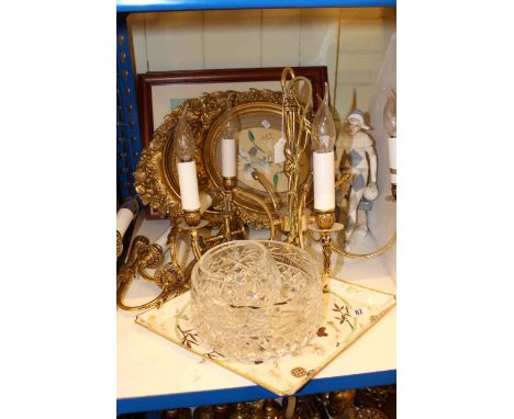 Pair of gilt framed botanical watercolours, Spanish porcelain figure, Worcester Aesthetic dish, lighting, etc