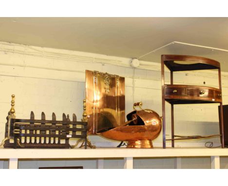Copper coal scuttle, copper firescreen, two fire fronts and mahogany corner washstand