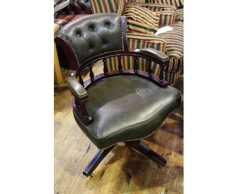Green leather button backed swivel office chair