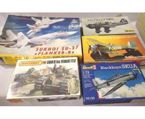Five plastic kits, all appear complete but unchecked, comprises: Sukhoi SV27, Gloster Gladiator, SKUA, Karas and Char-Renault