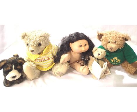 Five assorted bears/dolls including Cabbage Patch, Georgio, Beverly Hills 1996, Boyds, Keel Toys, Good Luck,m Ireland bear. P