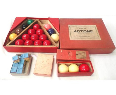 Snooker and Billiards, Actone , British made set of snooker balls plus a set of billiard balls. Also ten unused Tom Newman ch