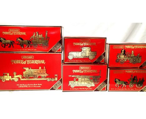 Six Matchbox Yesteryears comprising of Scammell and train load, Leyland fire engine, Merry weather, Busch fire, armoured car,