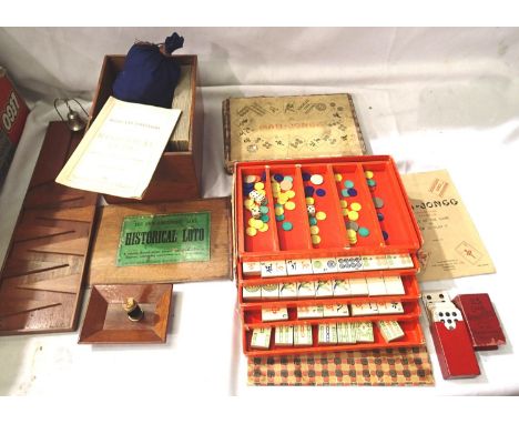 Historical Lotto game by Jaques in wooden box, mahjong set and US card dominoes, all appear complete but unchecked. P&amp;P G