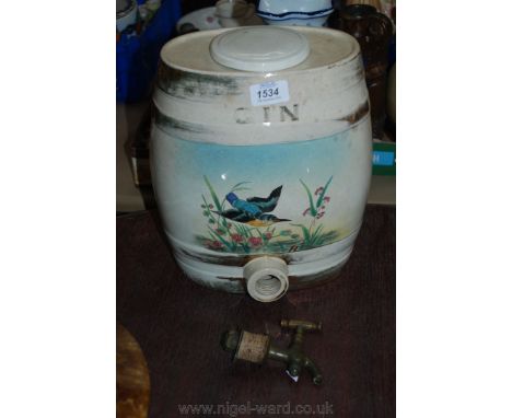 A porcelain Gin Barrel decorated with a Kingfisher, complete with brass tap.