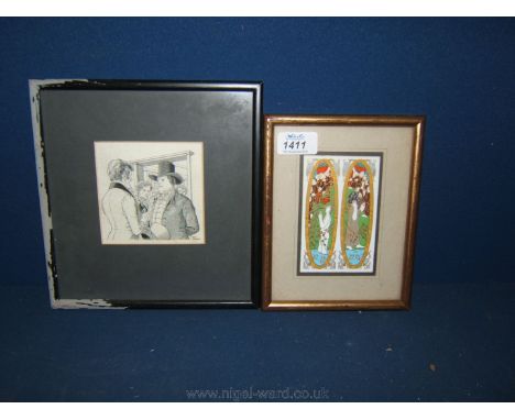 An Enamel Tile by Peter Lord, 3'' x 4 3/4'' and an original artwork illustration by Robin Jacques, 4'' square, both framed