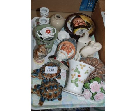 A quantity of china including Wedgwood dumpy candlestick, two Wade Tortoises, small Royal Doulton Toby jug 'Don Quixote', ele