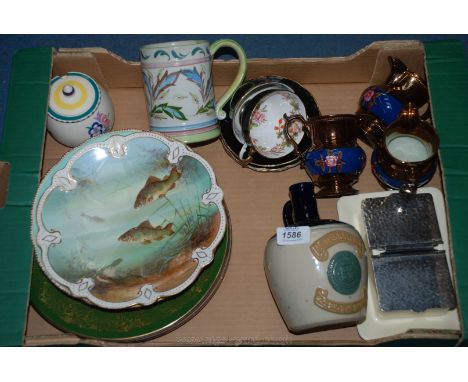 A quantity of china including three lustreware jugs, William Whiteley Co. 'Kings Ransom' whiskey jug, Poole pottery conserve 