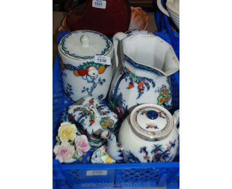 A quantity of china including E.M. & Co Indian Tree teapot, Burslem ware jug, butter dish and biscuit barrel, Royal Doulton p