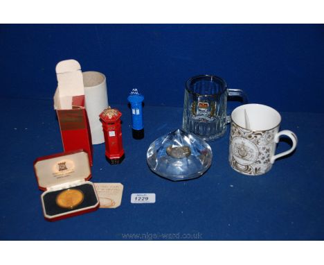 A Royal Worcester Jubilee mug, Isle of Man postbox model, airmail model etc.