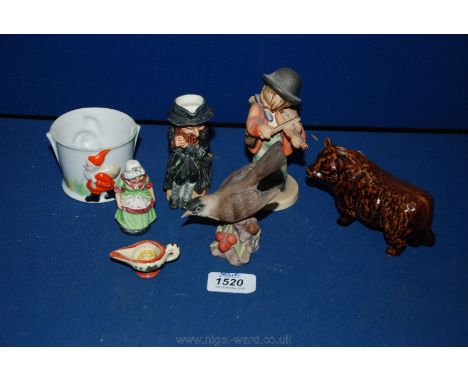 A Royal Worcester 'American Robin' ornament, Goebel Hummel boy playing the violin, a/f, a Scrooge Toby jug and novelty salt c