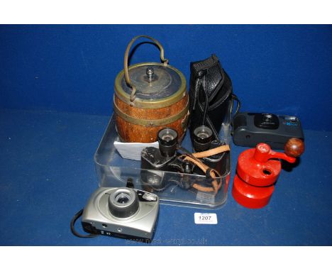 A wooden Biscuit Barrel, pair of Binoculars, Polaroid E21800 automatic winding Camera with manual zoom, Boots multi A.F zoom 