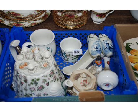 A large novelty Portmeirion Teapot with miniature tea party lid, Portmeirion tankard, two small Delft clogs, long Poole troug