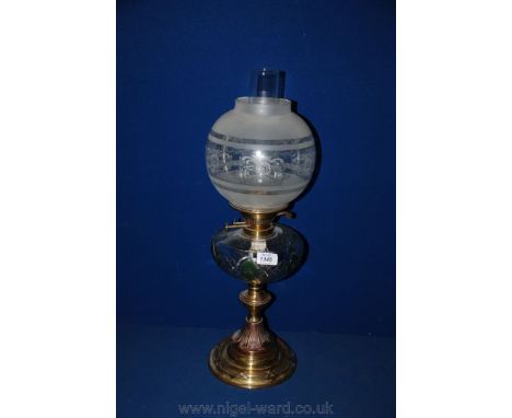 An Oil Lamp with clear cut glass reservoir decorated with green panels and etched glass globe shade.