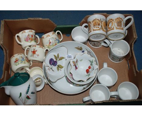 A box of china including Royal Worcester 'Evesham', Denby mugs and coffee pot, Bunnykins, etc.