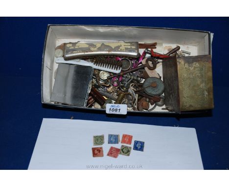 A box of miscellaneous old keys, clock keys and winder, harmonica and seven old stamps including Australia.