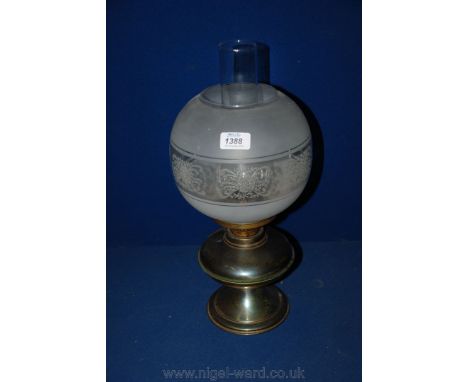 A circa 1900 brass and white metal based Oil Lamp with glass chimney and frosted circular outer shade with etched floral deco