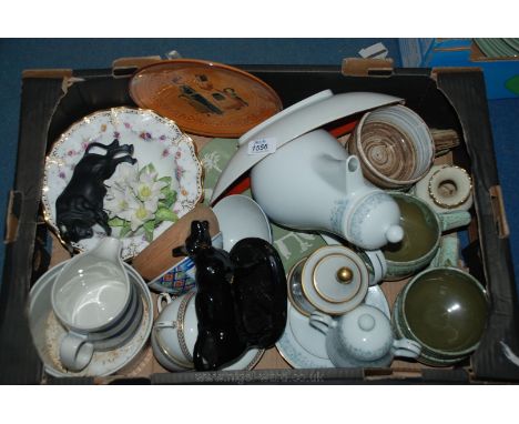 A quantity of china including Ironstone blue and white milk jug, Royal Worcester souffle dish, six pottery soup tureens, two 