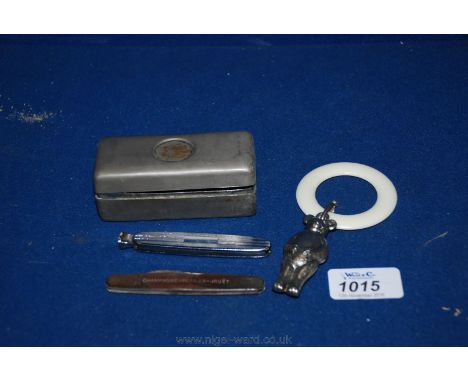 A Baby's teething ring, Harrison Brothers Champagne Perrier - Jouet Penknife with two blades and a white metal pipe cleaning 