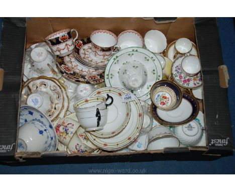 A box of china tea cups, saucers and trios including Royal Stafford, Shelley, Aynsley, etc.