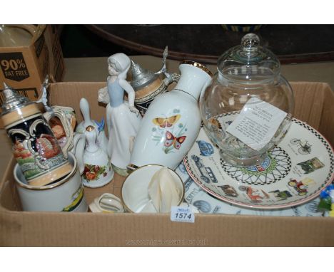 A Lladro style figure of a girl and a puppy, motoring themed plates, Rolls Royce mug etc.