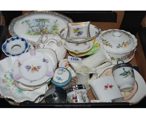 A box of china trinkets and trays including Dresden, Coalport, Royal Albert, Worcester, etc.