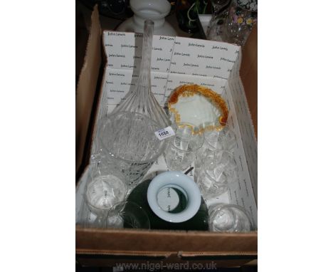 A box of glass including twisted, fluted funnel, yellow and white glass basket, green lamp shade, ice bucket and six lemonade