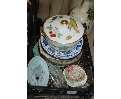 Miscellaneous Wall Plates, Royal Worcester 'Evesham' casserole, glass paperweight, etc.