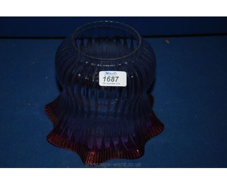 A circa 1900 Cranberry bell shaped, ridged glass Lamp Shade with reeded detail and graduated intensity of colour, 8 1/4'' dia