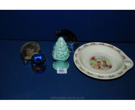 An old Royal Doulton 'Bunnykins' warming Plate, Carltonware Sifter and two glass Paperweights