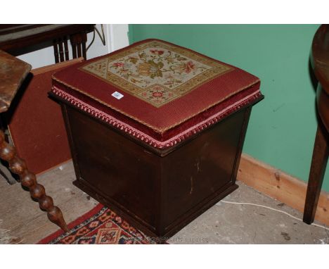 A Victorian stained Pine Box Ottoman having floral tapestry upholstered burgundy velvet seat/lid on lower moulding