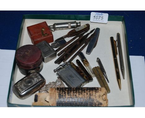 Miscellaneous items including travel inkwells, Polo lighter, tuning forks, old spectacles, whistle, etc.