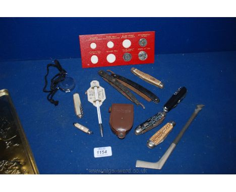 Miscellaneous penknives, cut throat razors, Photopia Light Meter, American Meat thermometer, compass etc.