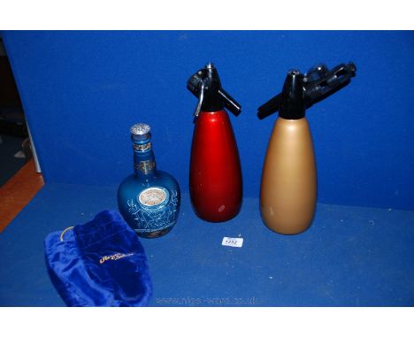Two BOC 1970's Soda Siphons plus a Spode Whisky Decanter for "For Chivas Royal Salute", complete with blue presentation bag