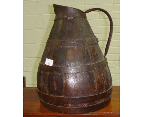 Antique wood and metal bound tapered barrel shape pitcher / jug