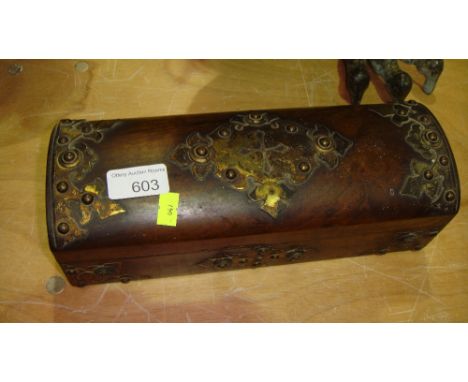 Victorian walnut and brass overlay pen box