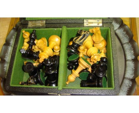 Vintage Jacques style chess set and board and Indian copper trays