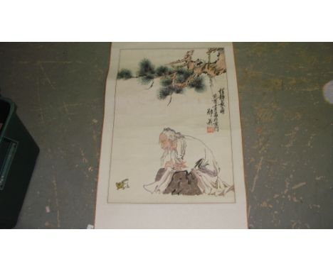 Vintage Chinese scroll painting of Sage with frog