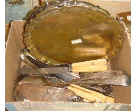 Box of silver plated ware including 2 x salvers, ladles, vintage bone and ivory handle knives, folding hunting cup etc.