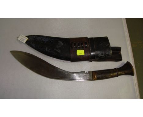 Vintage kukri knife with single blood let, blade stamped 69, horn handle & one skinning knife in leather scabbard blade lengt