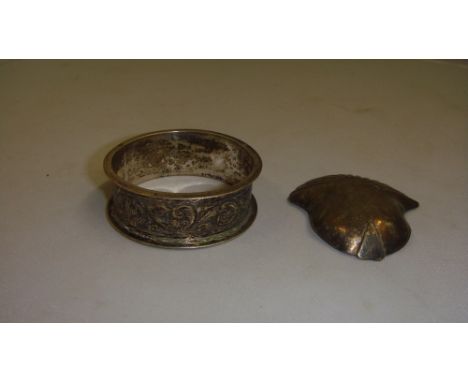 Silver serviette ring Birm 1899 makers mark indistinct, silver caddy spoon bowl only Birm. 1902 Hilliard & Thomason 19 g