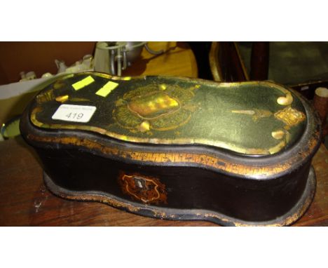 Victorian papier mache pen box of serpentine form with mother of pearl inlay and gilded decoration