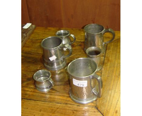 5 x vintage and antique pewter tankards & 1 x beaker with harp shaped touch mark