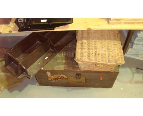 Vintage wooden ammunition box, wicker basket and hanging shelves