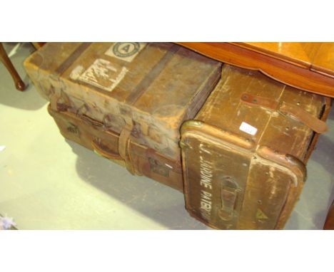 3 x pieces of vintage luggage including leather suitcase, steamer trunk and one other
