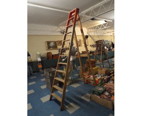 A Large Vintage Wooden Step Ladder, 2.5 Meters High. 