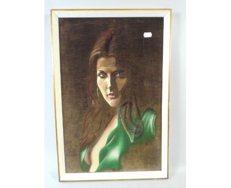 A Framed Oil on Velvet, Portrait of A Seductive Girl Circa 1970's.